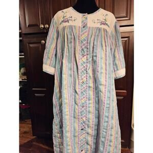 Vtg Coffee Time Robe L Blue Pink Striped Embroidered Snap Duster Housecoat